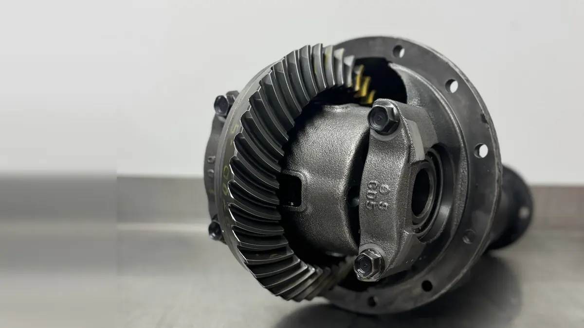 A rebuilt differential on a steel workbench at Gearhead Diffs.