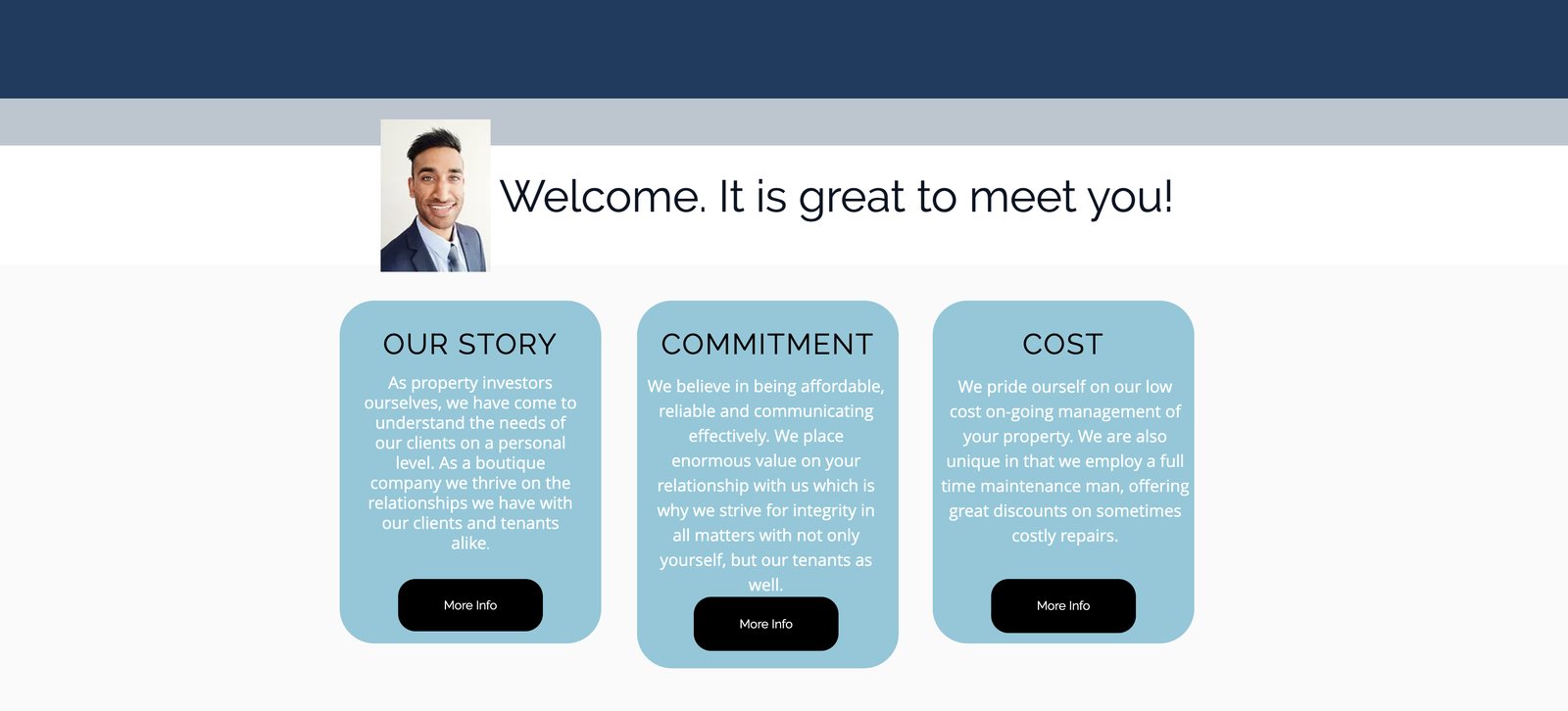Before: JSPM's old website, a welcome headline above three boxes of text titled Our story, Commitment and Cost.