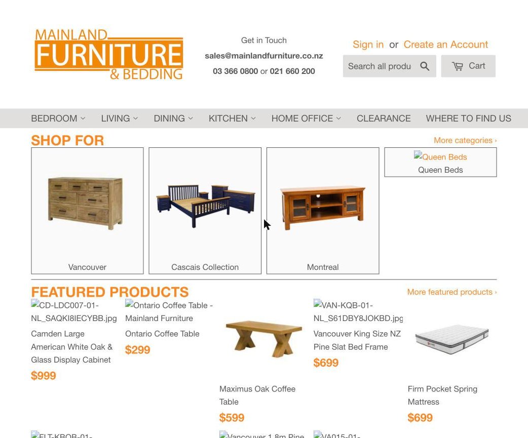Mainland Furniture homepage in September 2020: an orange wordmark, a grey menu bar and a plain grid of product photos and prices.
